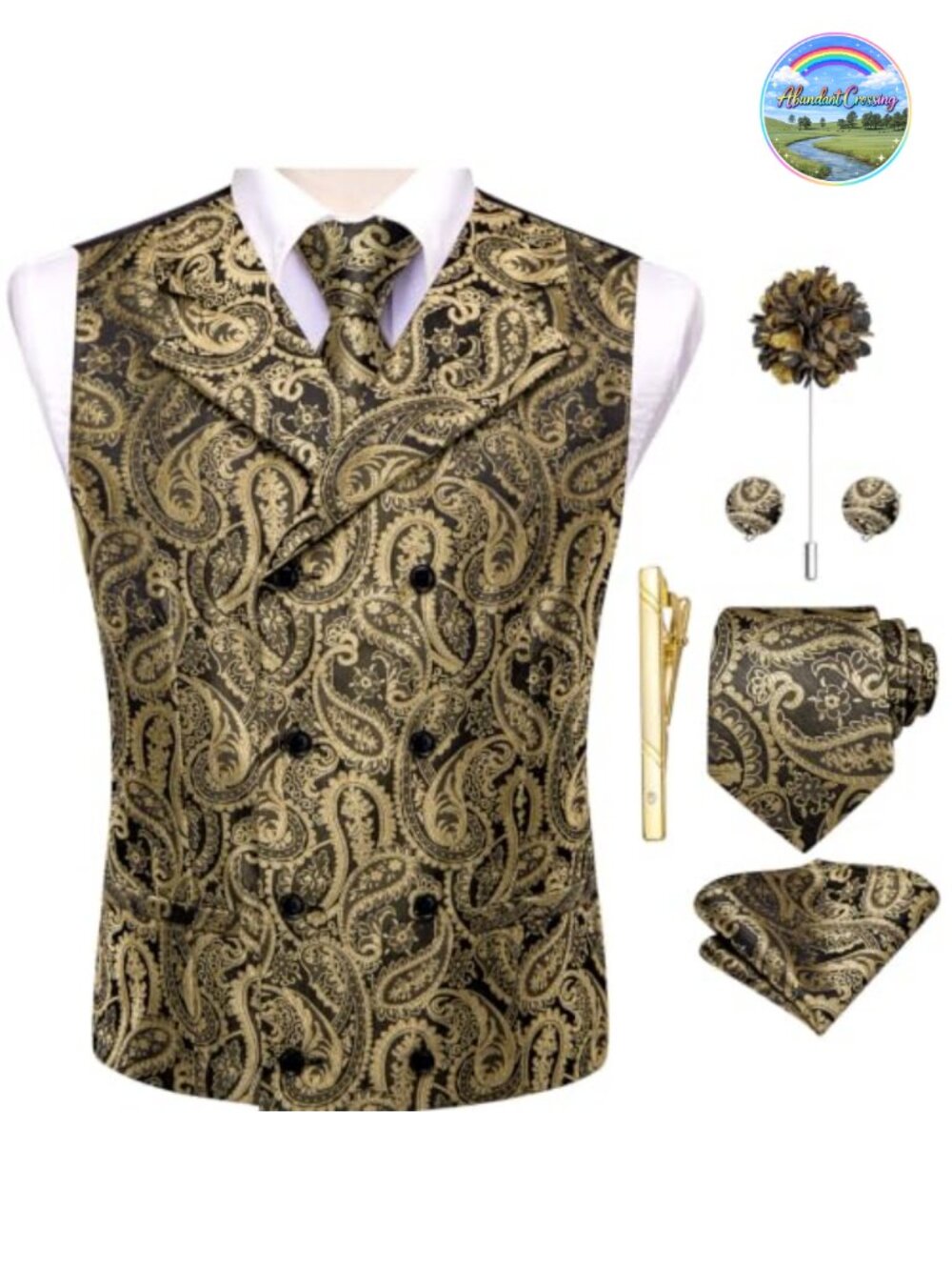 Mens Jacquard Double Breasted Vest Tie Set 6 Piece Formal Wedding Party